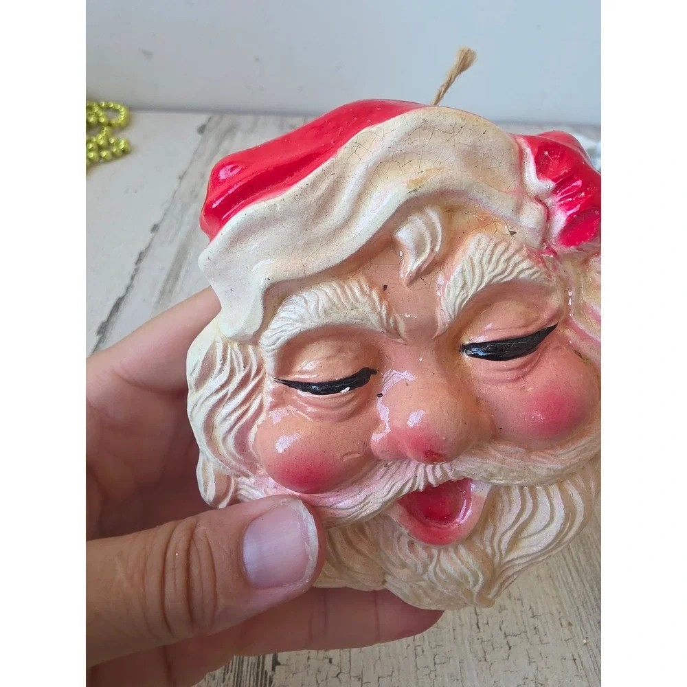 Vintage plaster Santa hanging ornament chalkware Xmas decor tree